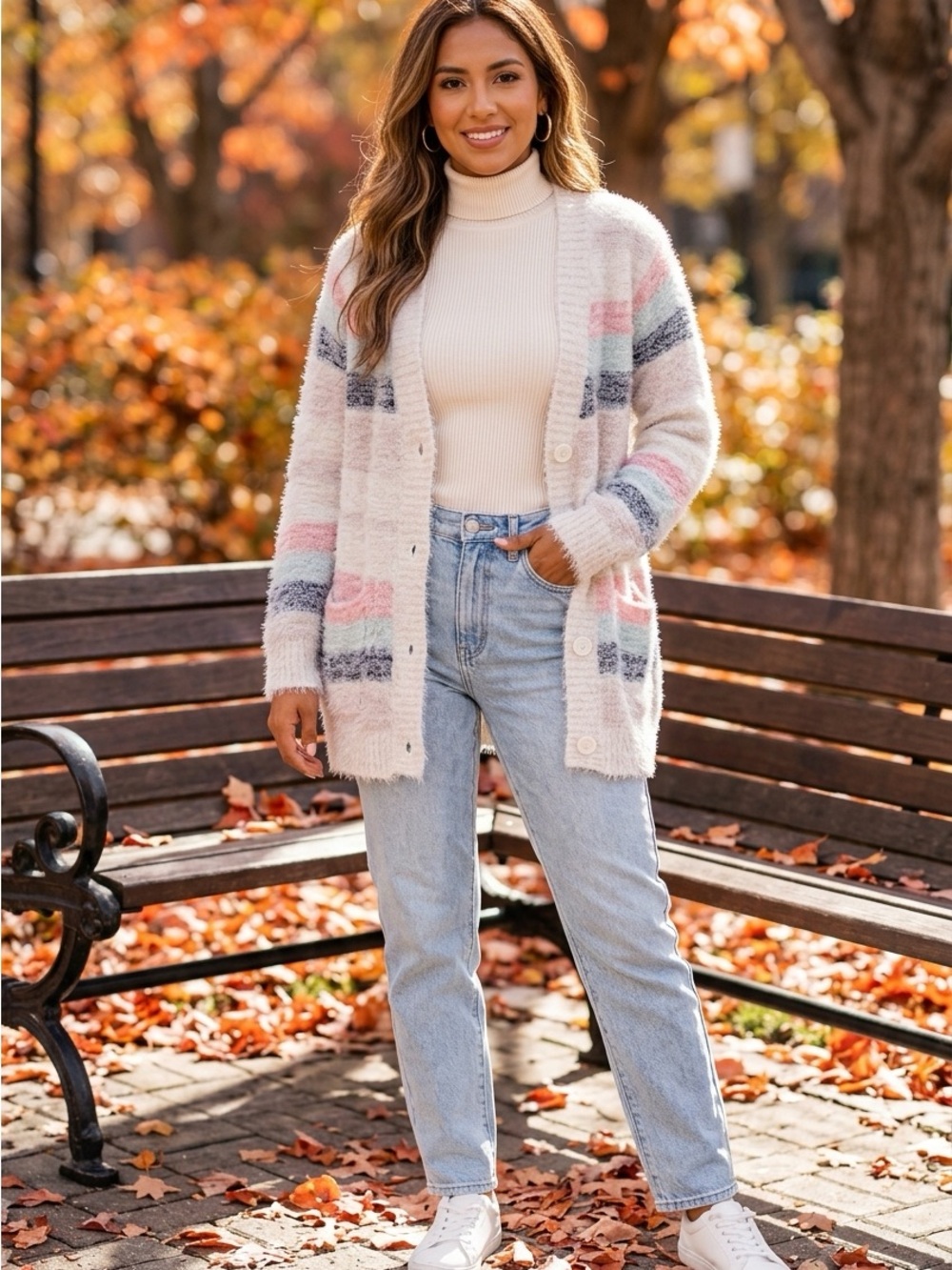 Christopher & Banks Cream Fuzzy Cardigan with Pink and Gray Stripes